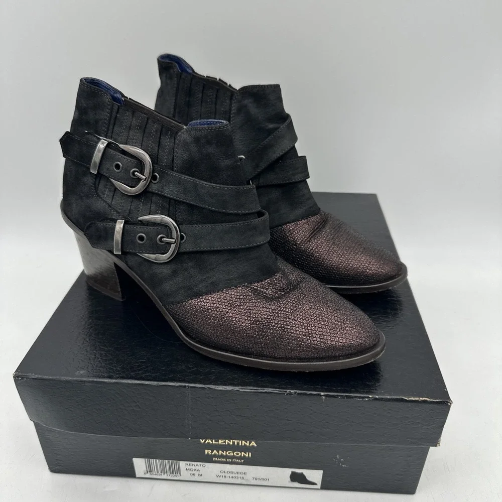 Valentina Rangoni Renato Moka Ankle Booties Textured Maroon Toe & Suede Sz. 8